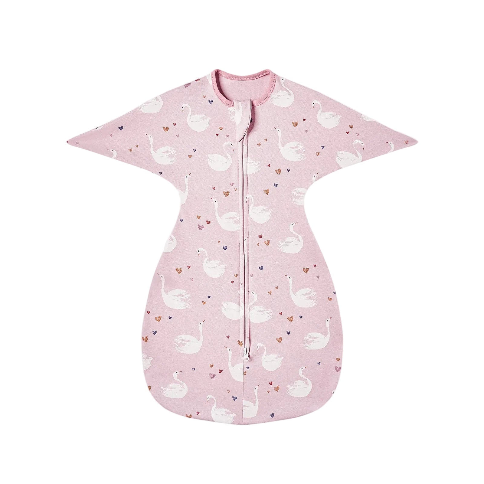 Flat lay of pink cotton swaddle transition bag with white elegant swan pattern and heart details.