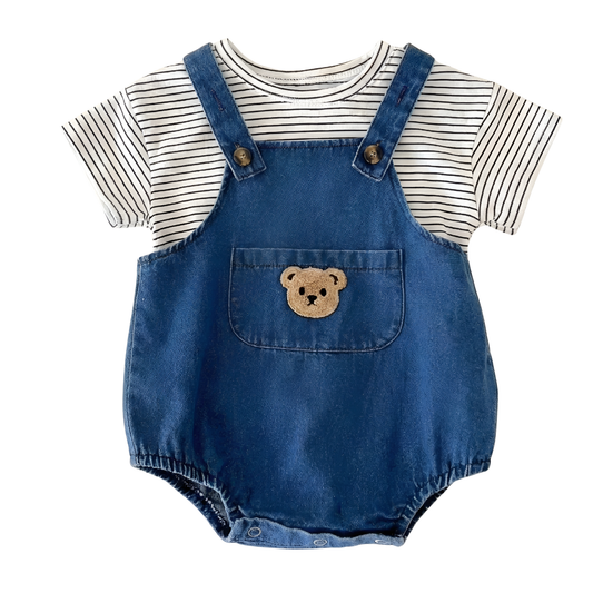 Unisex Baby Striped T-Shirt and Denim Bear Romper Set - 2pc Summer Toddler Outfit (3M-3T)
