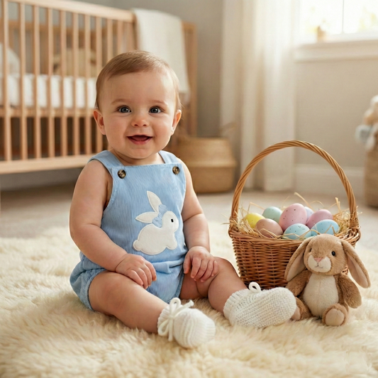 Baby Boy Easter Bunny Embroidered Corduroy Romper - Blue Sleeveless Jumpsuit Overalls, (0-18M)