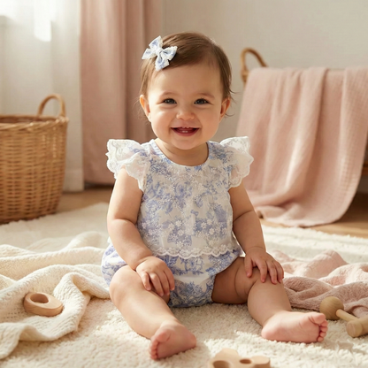 Baby Girl Floral Mesh Romper - Blue Toile Flying Sleeve Summer Jumpsuit (3-18M)