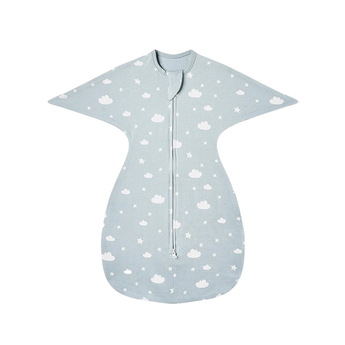 Light blue wearable blanket with white cloud and star pattern, designed for swaddle transition.