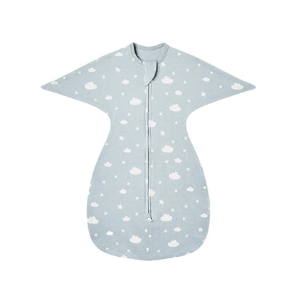 Light blue wearable blanket with white cloud and star pattern, designed for swaddle transition.