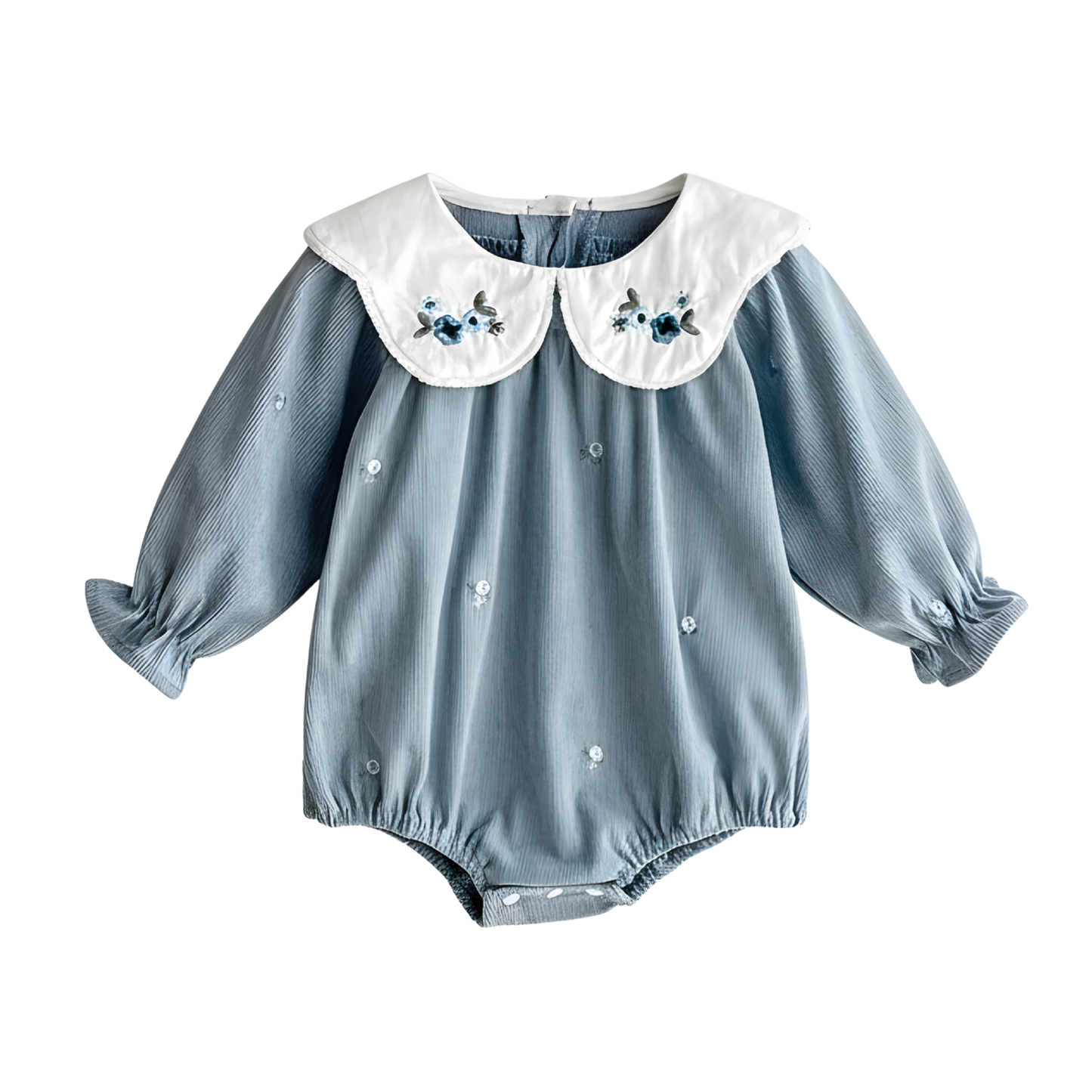 Flat lay of a cottagecore vintage style light blue corduroy baby romper with white floral embroidered collars.