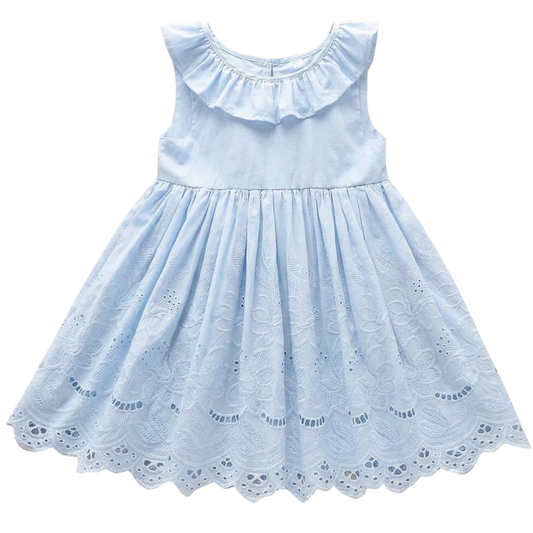 Front view of a light blue toddler girls sleeveless summer dress featuring a ruffle collar and intricate floral eyelet lace embroidery.