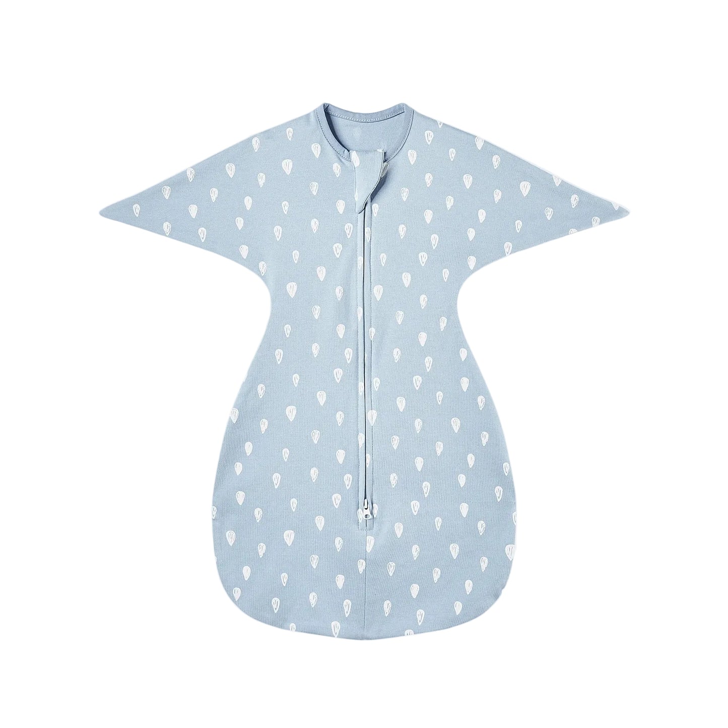 Soft blue cotton swaddle sack featuring a white hand-drawn raindrop pattern.