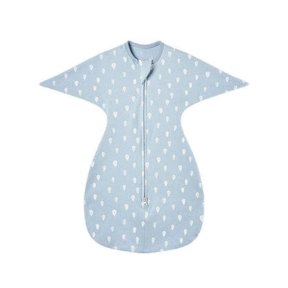 Soft blue cotton swaddle sack featuring a white hand-drawn raindrop pattern.