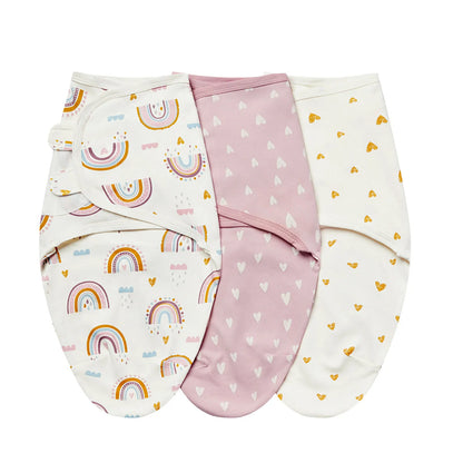 Boho Love 3-pack swaddle set with rainbow prints, pink hearts, and gold heart patterns.