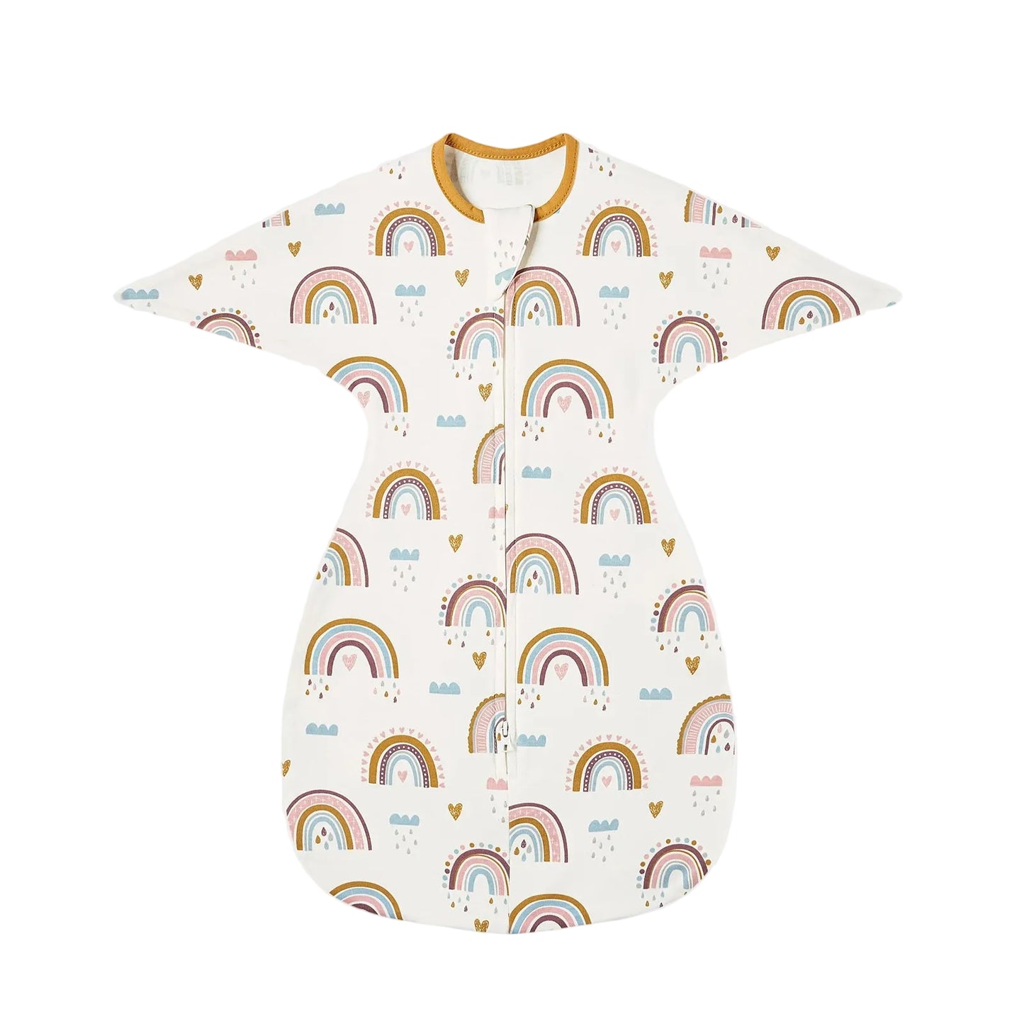 White cotton swaddle suit featuring pastel boho rainbows, clouds, and hearts with mustard yellow trim.