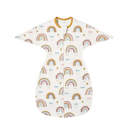 White cotton swaddle suit featuring pastel boho rainbows, clouds, and hearts with mustard yellow trim.
