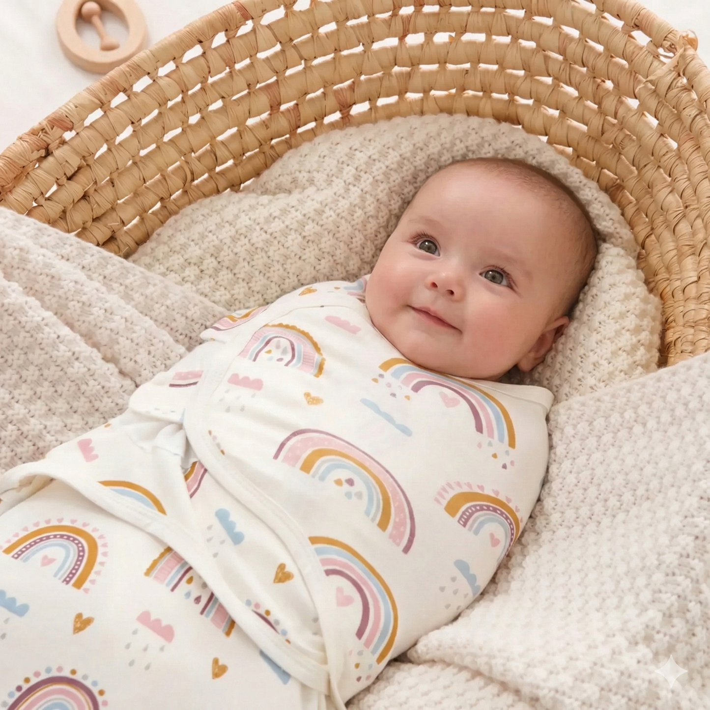 Happy baby lying in a woven basket wearing the boho rainbow pattern cotton swaddle from the 3-pack collection.