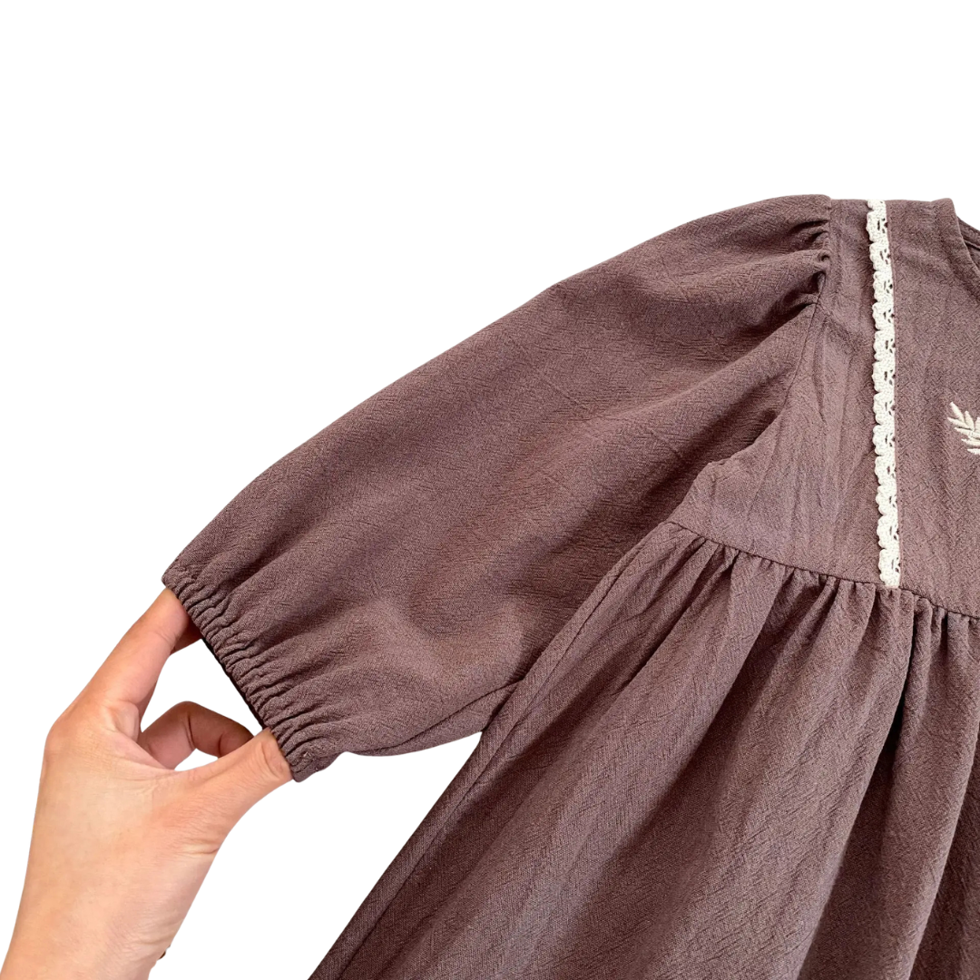Toddler & Girls Brown Floral Embroidered Cotton Long Sleeve Dress (2T-6T)