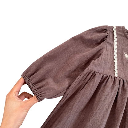 Toddler & Girls Brown Floral Embroidered Cotton Long Sleeve Dress (2T-6T)