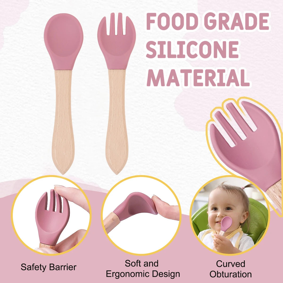Baby utensils with pink silicone heads and wooden handles, labeled 'Food Grade Silicone Material'.