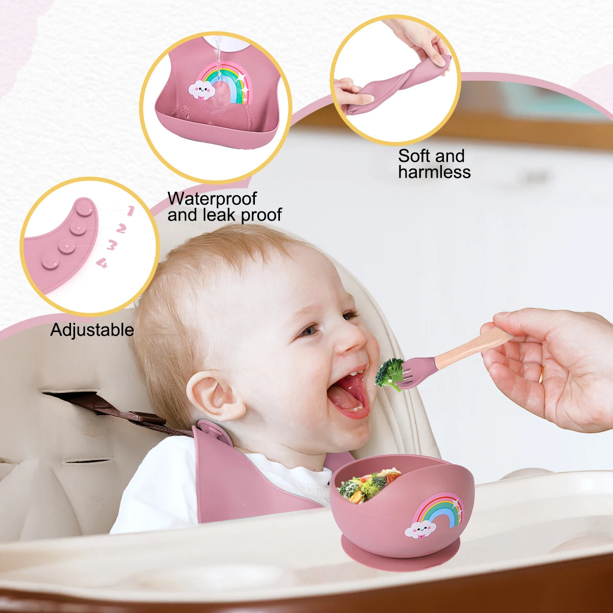Baby being fed with a pink bib and bowl, surrounded by product features on a white background.