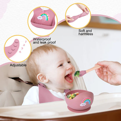 Baby being fed with a pink bib and bowl, surrounded by product features on a white background.