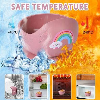 Pink bowl with rainbow design shown in extreme temperature conditions and in various settings.