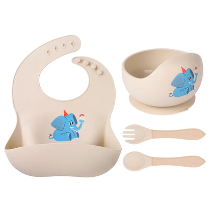 Baby feeding set with bib, bowl, fork, and spoon featuring a blue elephant design on a white background.