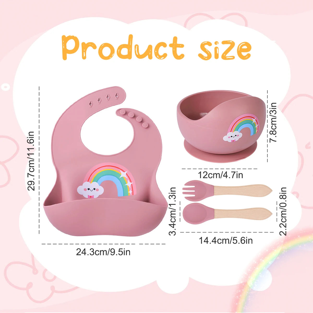 Baby feeding set with bib, bowl, fork, and spoon on a pink background with rainbow design.