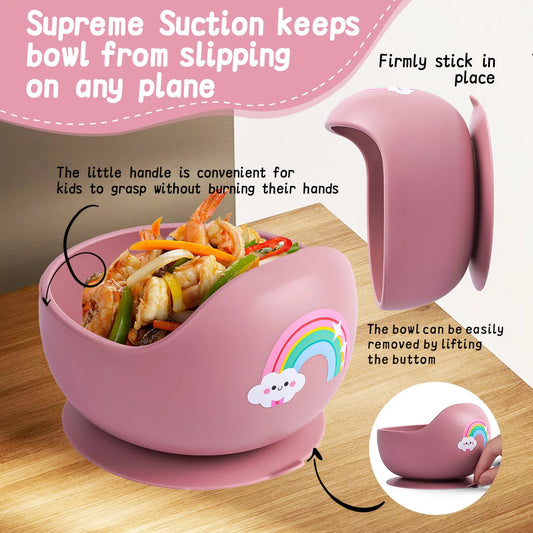 Pink suction bowl with food on a wooden surface, featuring text about its features.