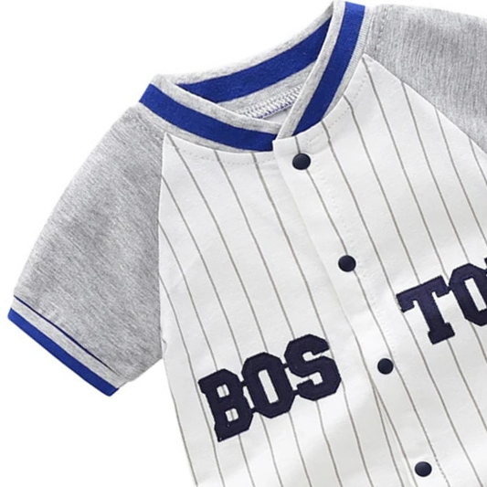 Boston Baby Boy Baseball Shortall - 100% Pure Cotton Pinstripe Jersey (0-18M)
