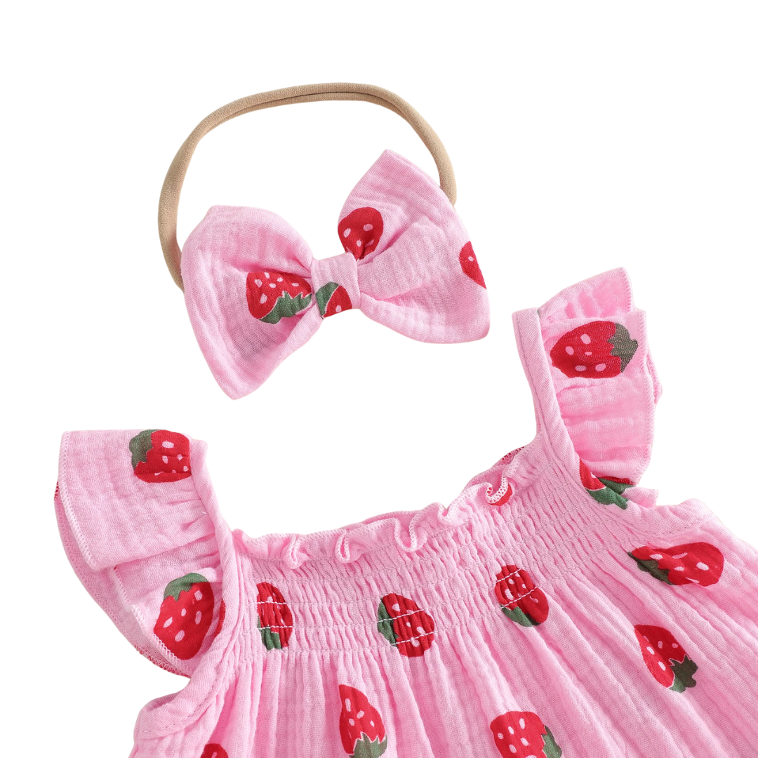 Baby Girl Strawberry Berry Print Summer Outfit - 3pc Cotton Babydoll Top, Ruffle Shorts & Headband Set (0-18M)