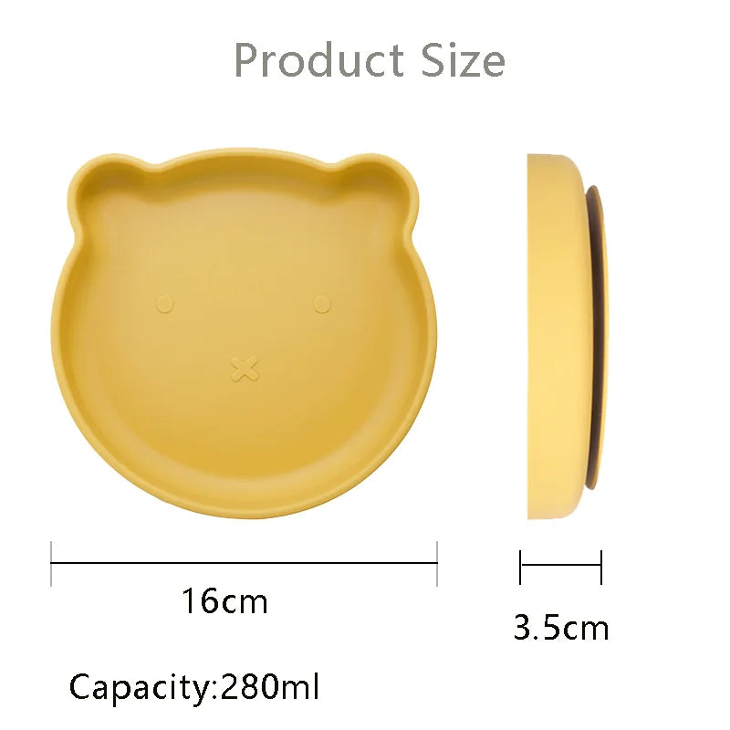 Yellow silicone bowl with measurements and capacity details on a white background