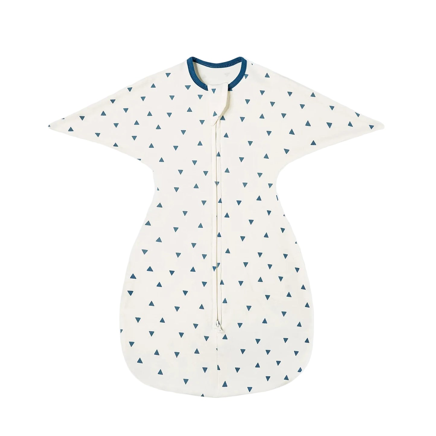 White cotton baby sleep sack featuring a navy blue geometric triangle pattern with teal neck trim.