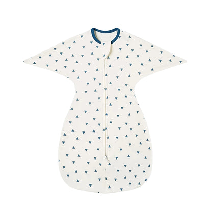 White cotton baby sleep sack featuring a navy blue geometric triangle pattern with teal neck trim.