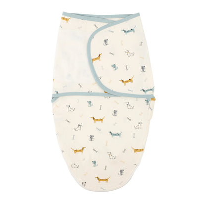 Dachshund dog pattern newborn swaddle sleep sack made of 100% cotton, featuring adjustable silent velcro wings with blue trim.