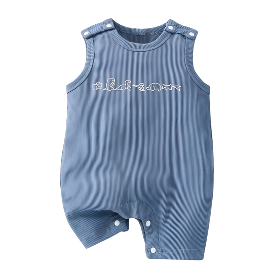 Baby Boy Dinosaur Ribbed Sleeveless Romper - Dusty Blue Summer Sunsuit