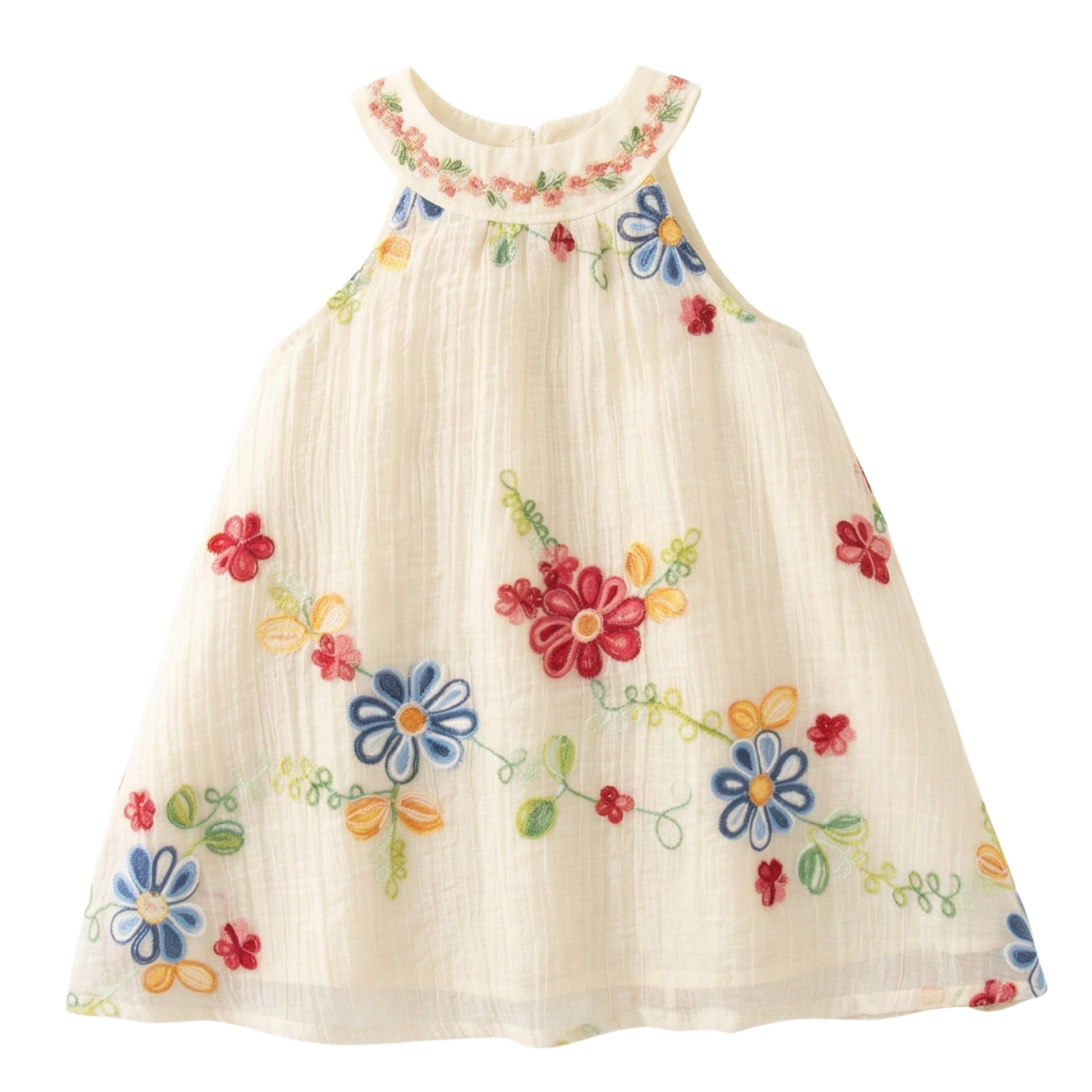 Sleeveless white cotton baby girl summer dress with colorful floral embroidery, featuring a round neck and A-line silhouette.