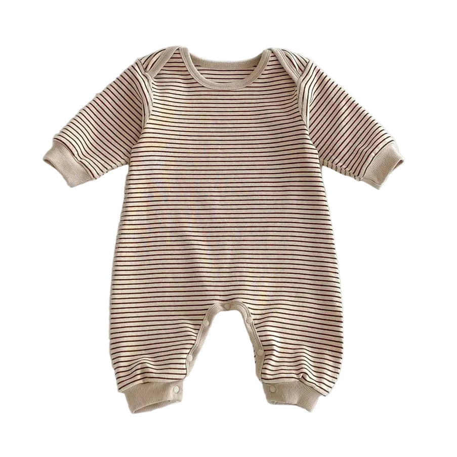 Front view of the neutral striped baby romper in Toasted Latte featuring a beige base with warm brown stripes.