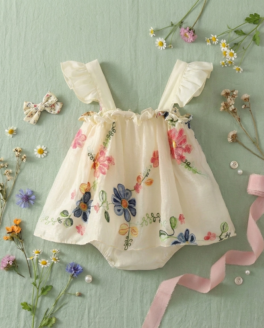 Baby Girl Floral Embroidery Summer Romper Dress - Sleeveless Cotton Bodysuit (3-24M)