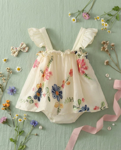 Baby Girl Floral Embroidery Summer Romper Dress - Sleeveless Cotton Bodysuit (3-24M)