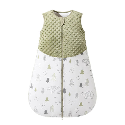 Forest Bear camping theme baby sleeping bag with green pine trees and minky dot chest.