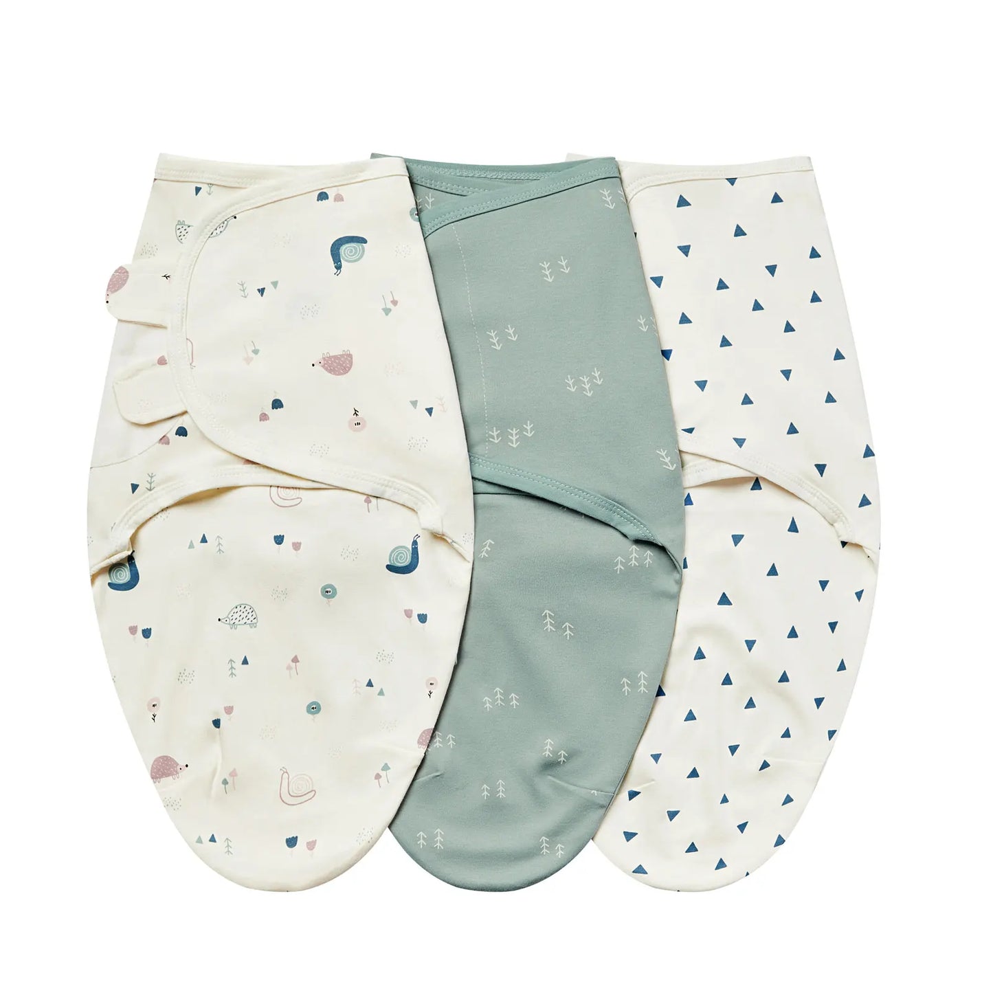 Forest Friends swaddle trio with snail and hedgehog print, sage green trees, and blue triangles.