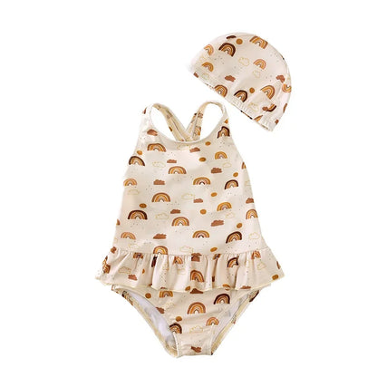 Earth-toned Boho Rainbow one-piece swimsuit for girls with matching rainbow print swim cap.