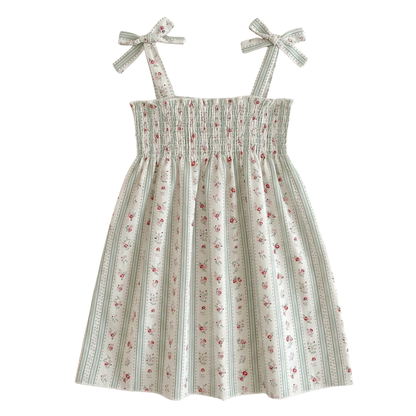 Toddler & Girls Cottage Floral Smocked Sundress - Adjustable Tie Shoulder Cotton Dress (18M-7Y)