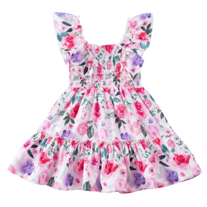 Girls Floral Summer Dress with Ruffled Sleeves & Smocked Waist (2T-6T)