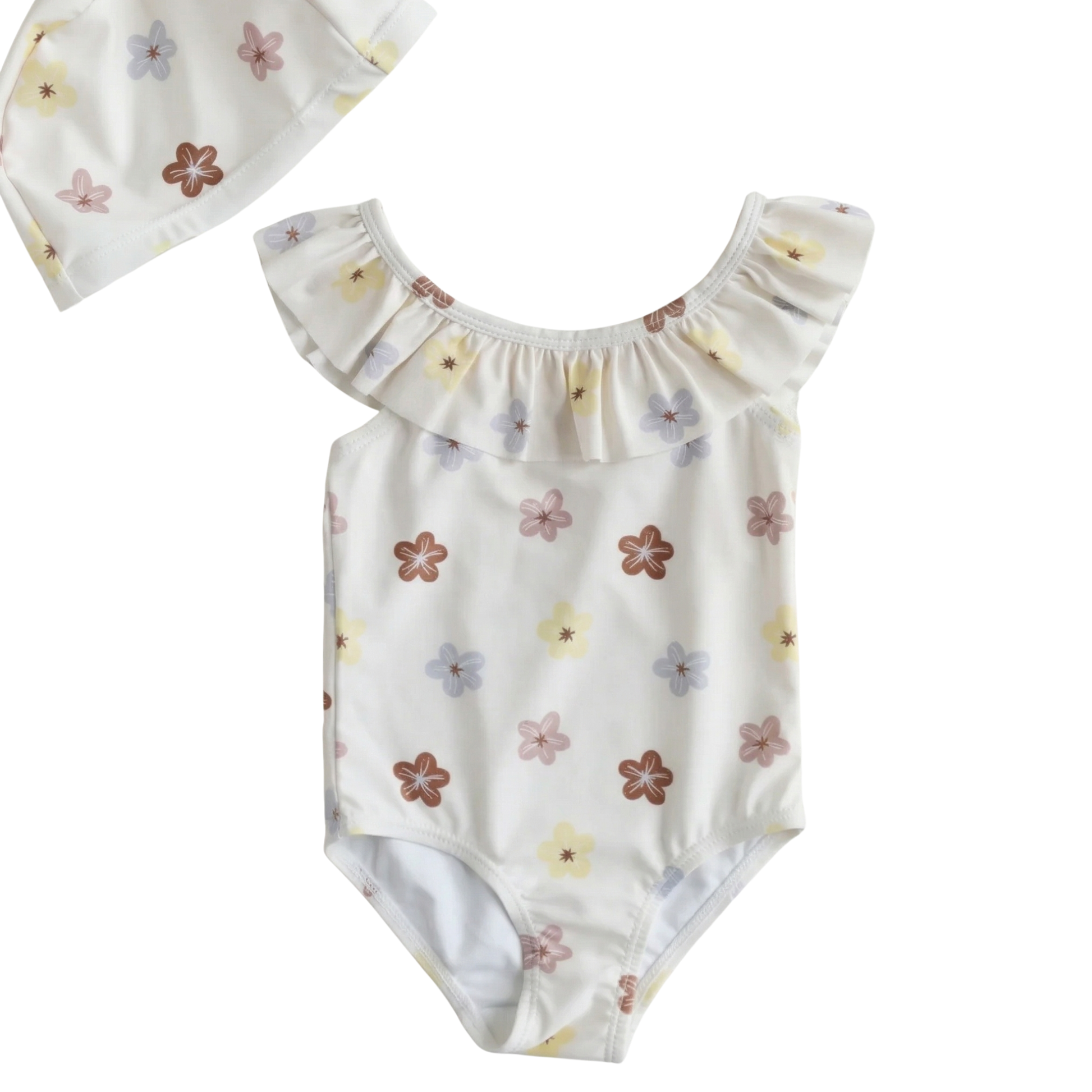 Front view of a white one-piece swimsuit for baby and toddler girls featuring a vintage pastel floral print, a large ruffled neckline, and a matching floral print swim cap on a plain white background.