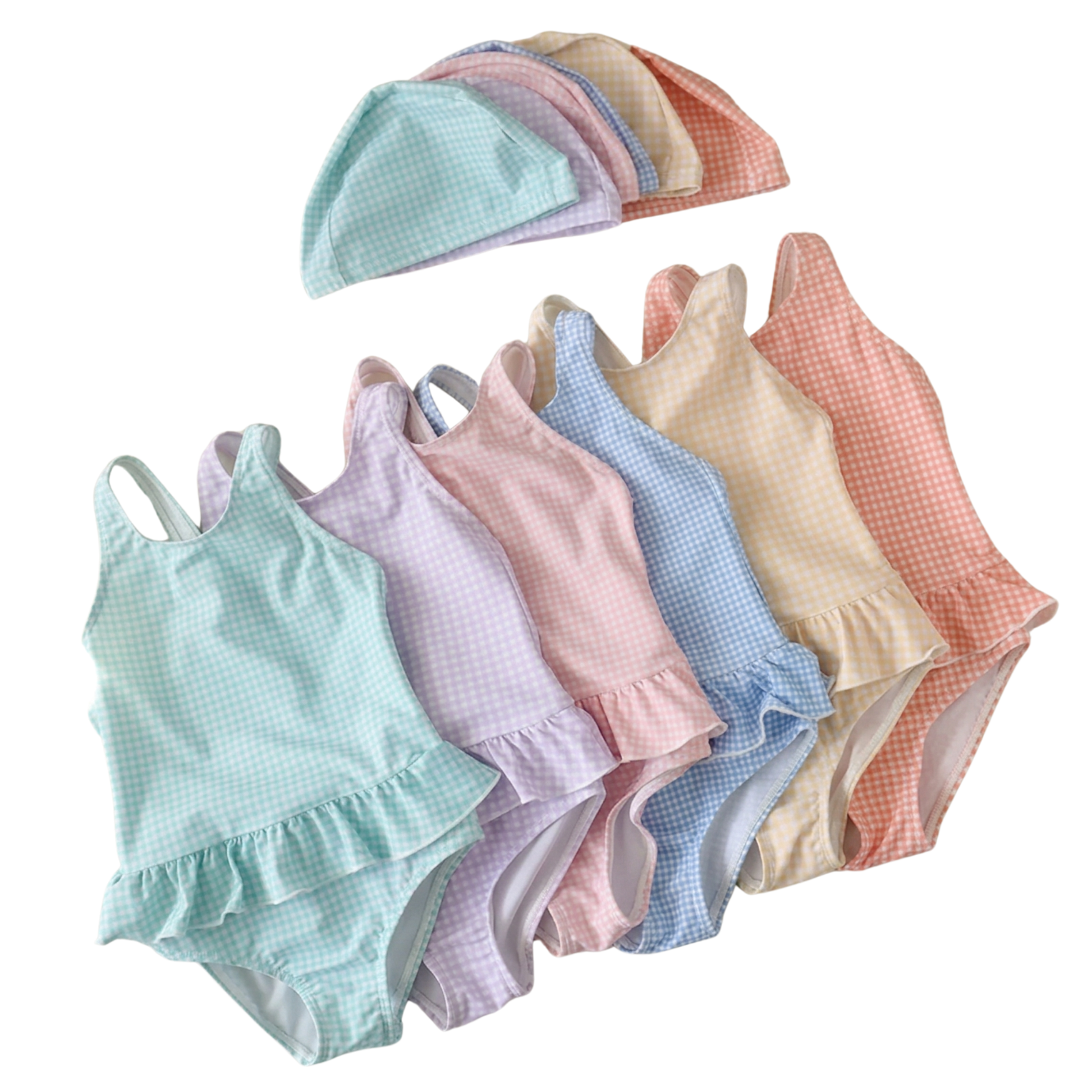 A flat lay collection of baby and toddler girls' gingham one-piece swimsuits with matching swim caps in six pastel colors: mint green, lavender, soft pink, peach, sunny yellow, and sky blue. Each swimsuit features a ruffle skirt and backless design, shown with coordinating elasticized swim bonnets on a neutral background.
