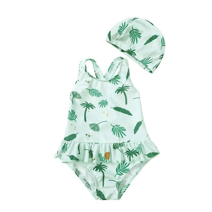 Mint Seafoam Palms print girls bathing suit with teal tropical leaves and ruffle skirted bottom.