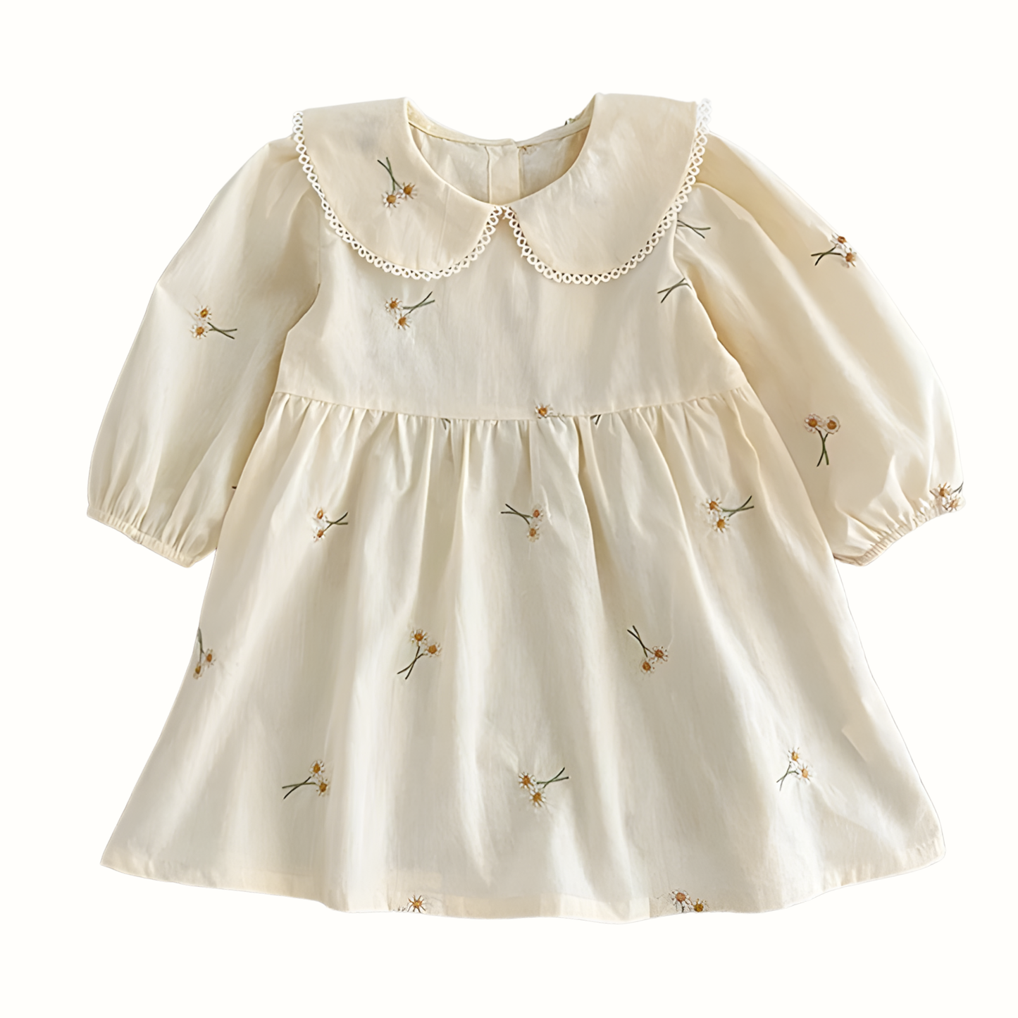 Baby Girl Cream Floral Cotton Dress - Long Sleeve Spring Princess Party Dress (2T-6T)