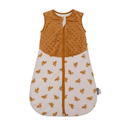 Golden Harvest autumn wheat pattern baby sleeping bag with warm amber doudou texture.