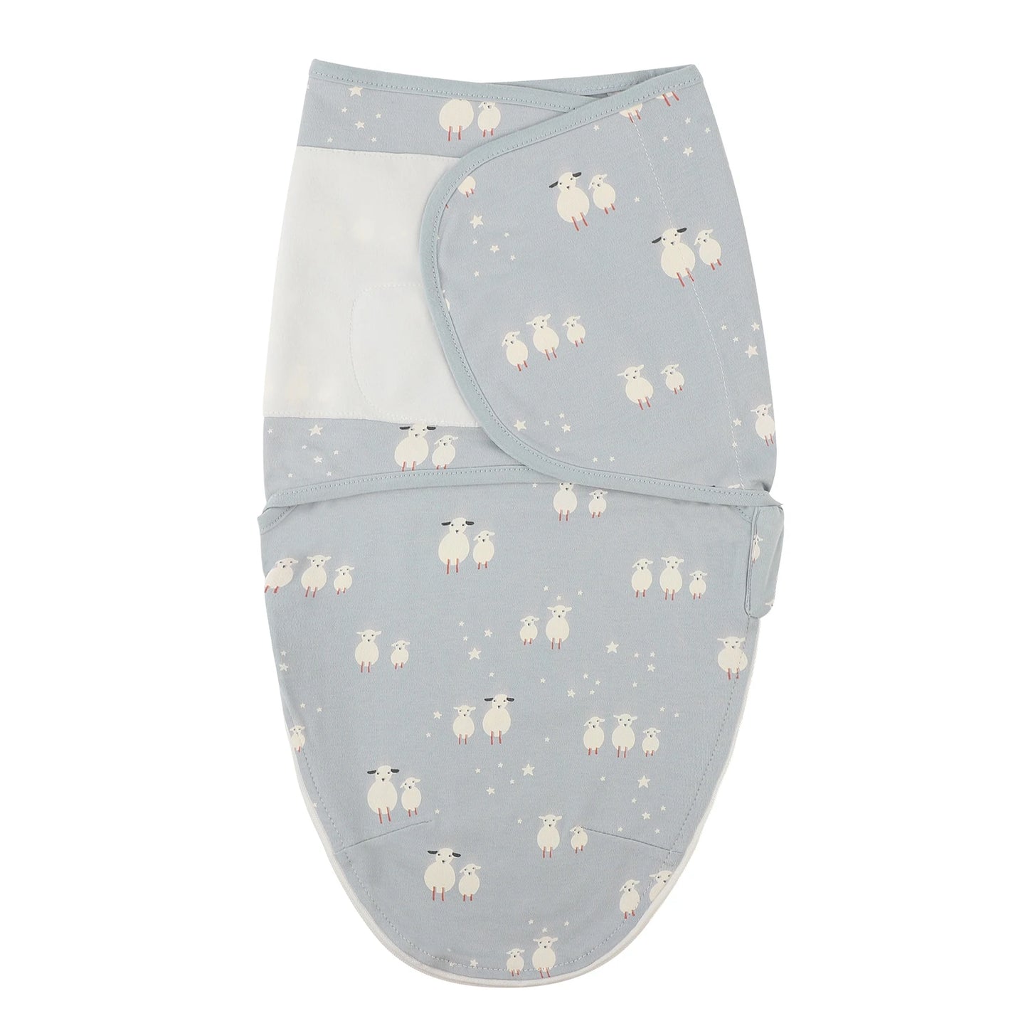 Gray sheep pattern newborn swaddle sleep sack made of 100% cotton, featuring adjustable silent velcro wings for a secure fit.
