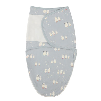 Gray sheep pattern newborn swaddle sleep sack made of 100% cotton, featuring adjustable silent velcro wings for a secure fit.