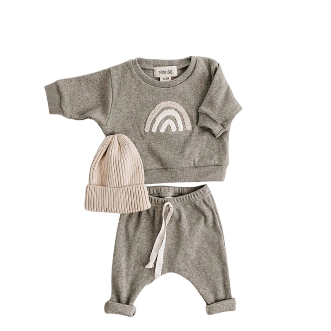 Unisex Baby Knit Outfit Set – Long Sleeve Embroidered Sweatshirt & Pants – Rainbow, Sun, & Letter Designs (6M-3T)