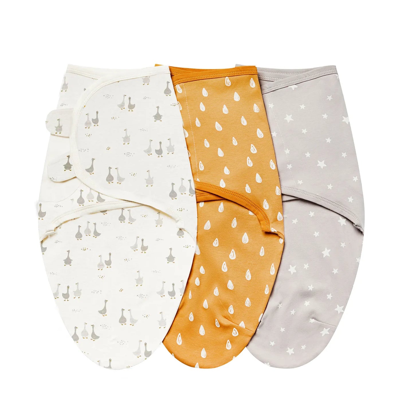 3-pack cotton swaddle set featuring harvest goose, mustard raindrop, and gray star patterns