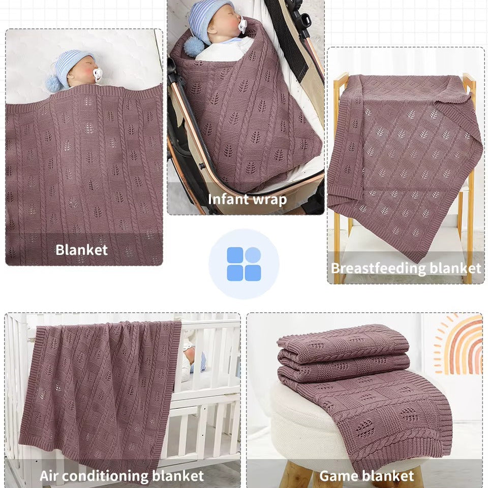 Collage of a purple blanket used in various settings including an infant wrap, breastfeeding cover, air conditioning cover, and game cover.