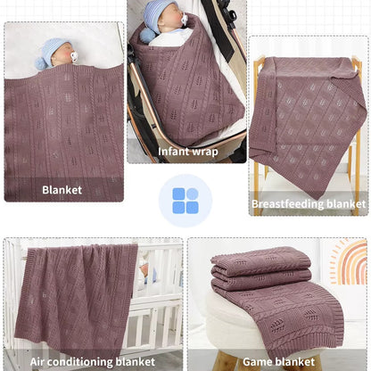 Collage of a purple blanket used in various settings including an infant wrap, breastfeeding cover, air conditioning cover, and game cover.